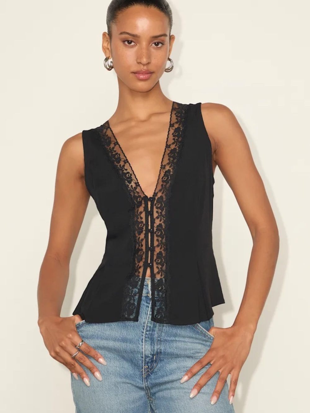 Black Lace-Trim V-Neck Sleeveless Top -  Reformation Cristina Top